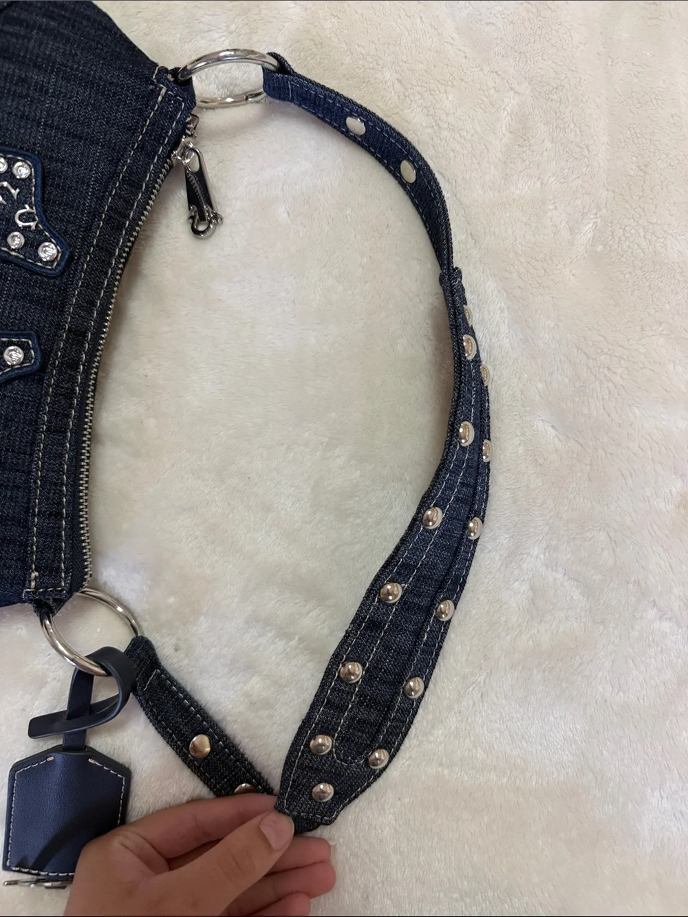 True Religion Dark Denim Studded Horseshoe Shoulder Bag Brand New